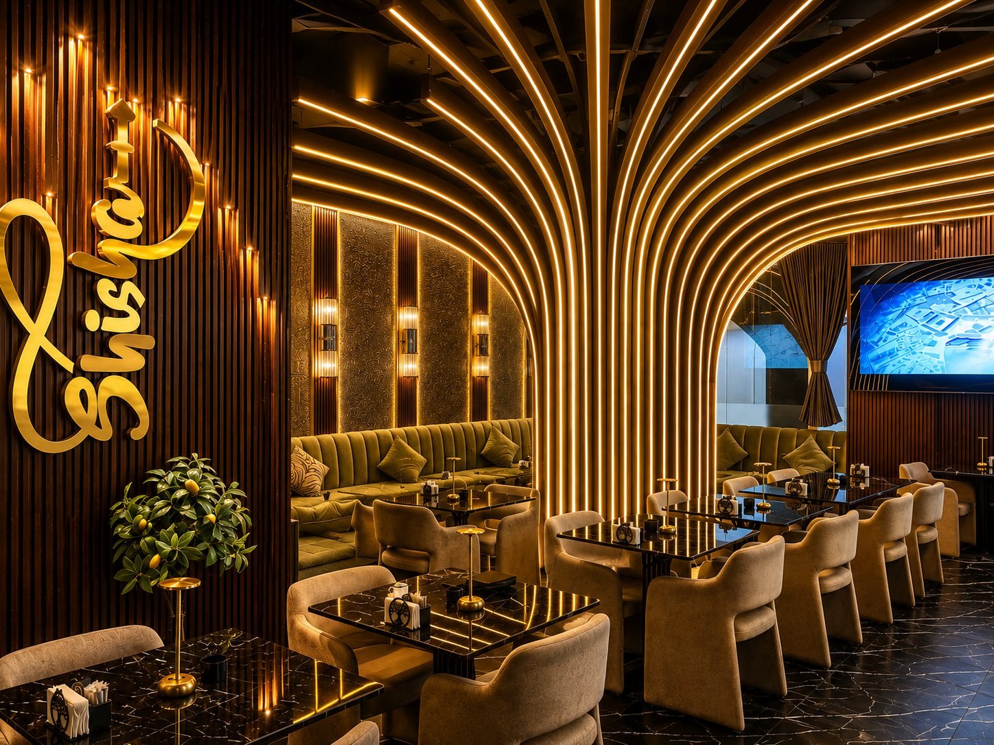 Shisha House DXB lounge interior logo wall